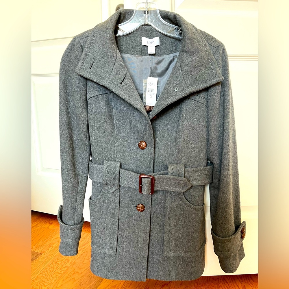 LOFT Gray Trench Coat with Belted Wool Blend